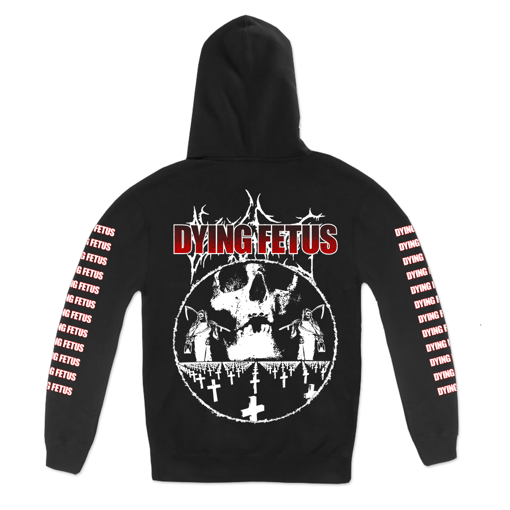 Dying Fetus Cemetery design printed on a black pullover hoodie.