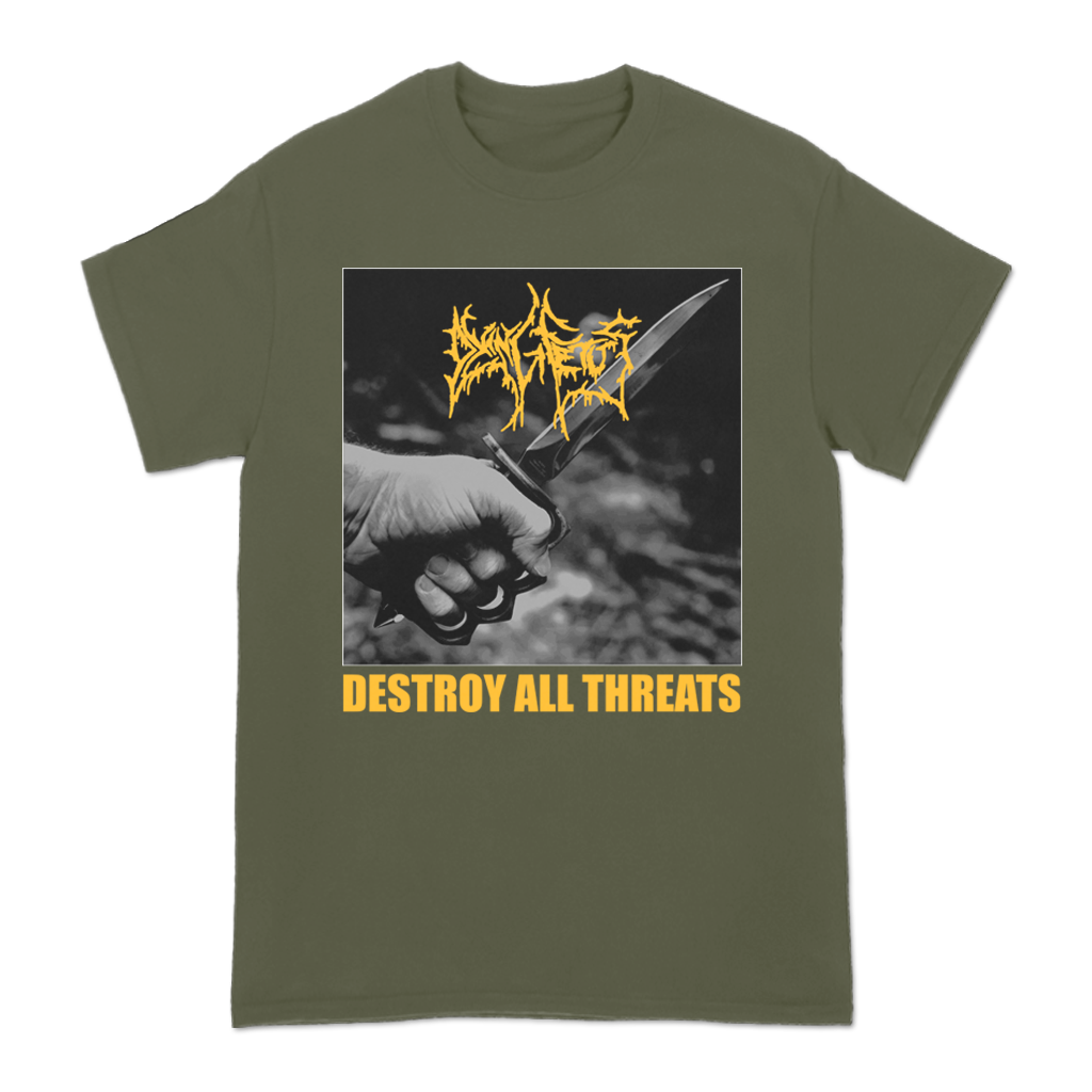 Dying Fetus "Destroy All Threats" design, printed on the front of an army green Gildan Apparel tee.