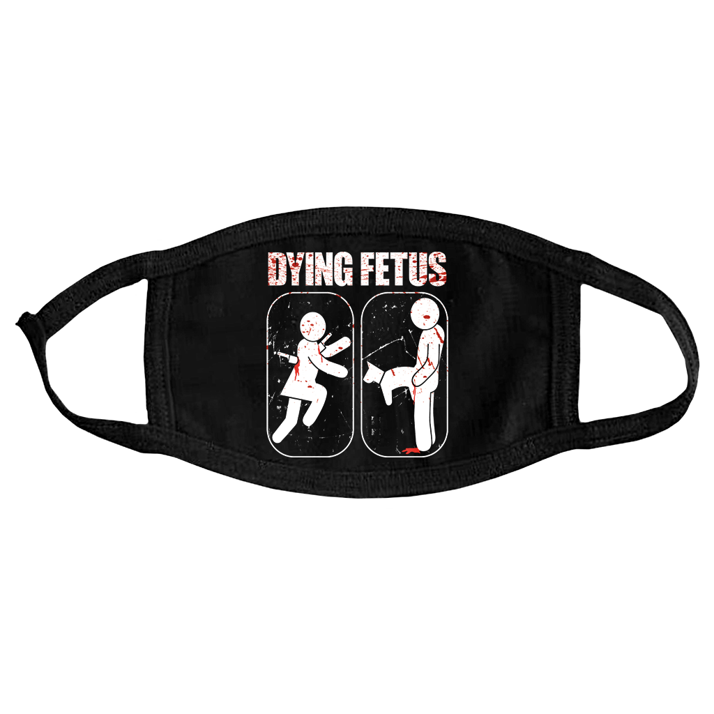 Dying Fetus KYMRYD design printed in white on a black face mask. This is a non-medical mask constructed out of layered 95% cotton and 5% poly jersey and is comfortable on the face and around the ears.