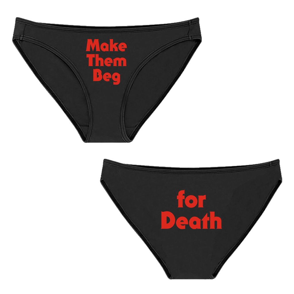 Dying Fetus's "Beg" design, printed on the front and back of a pair of black LA Apparel Underwear.