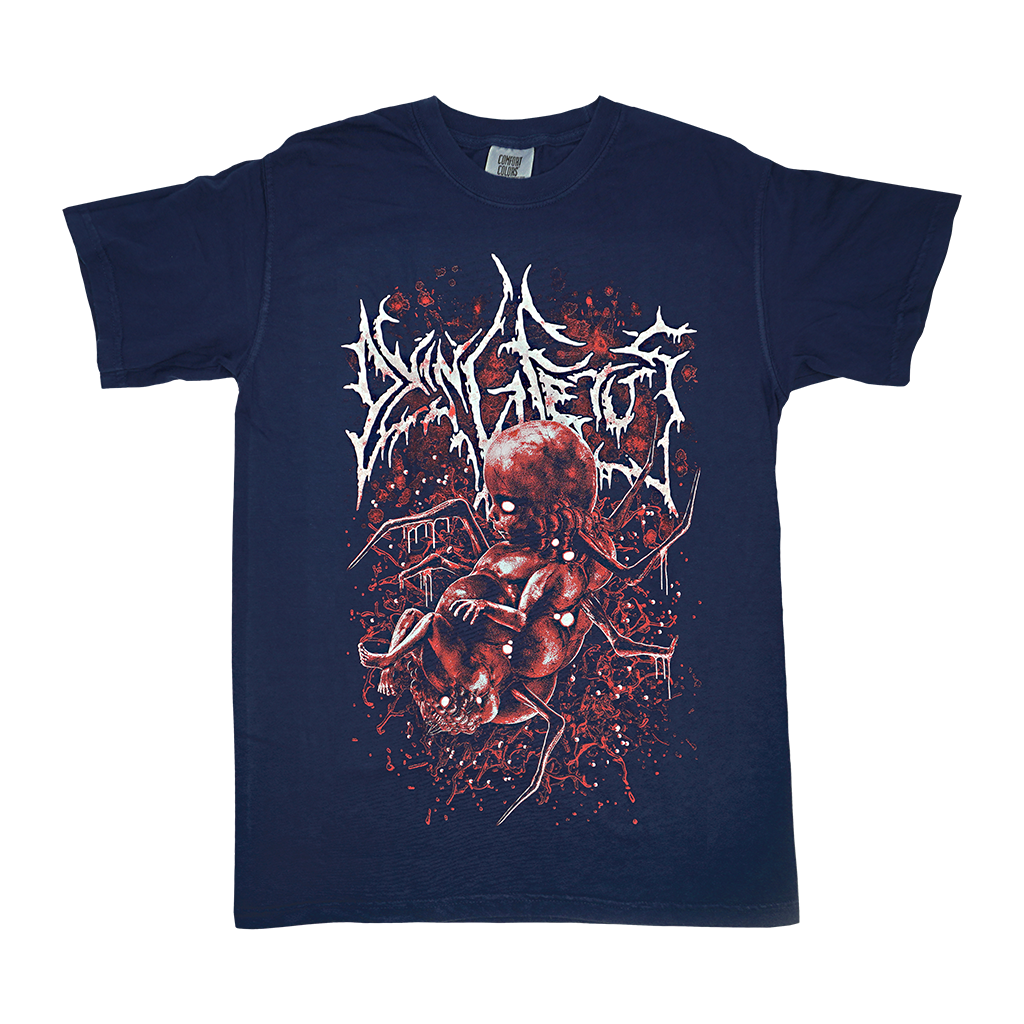 Dying Fetus "Deformed Infant" design, printed on the front of a navy blue Comfort Colors t-shirt.  Tee features include: 6.1 oz., 100% ring spun cotton; soft-washed garment-dyed fabric; double-needle collar; twill taped neck and shoulders; double-needle armhole, sleeve, and bottom hems; and a twill and joker label.