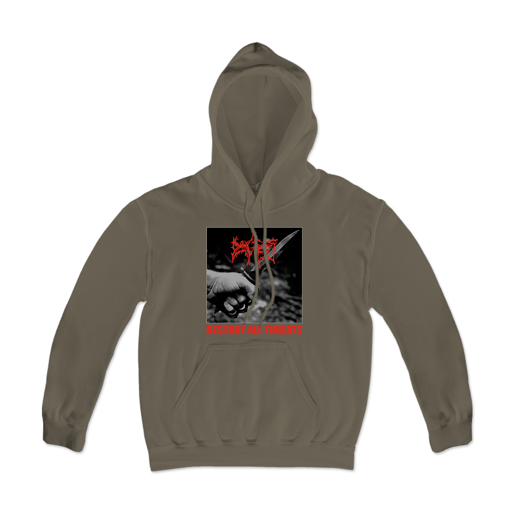 Dying Fetus "Destroy All Threats" design, printed on the front of an army green Independent Trading Co. pull hood.