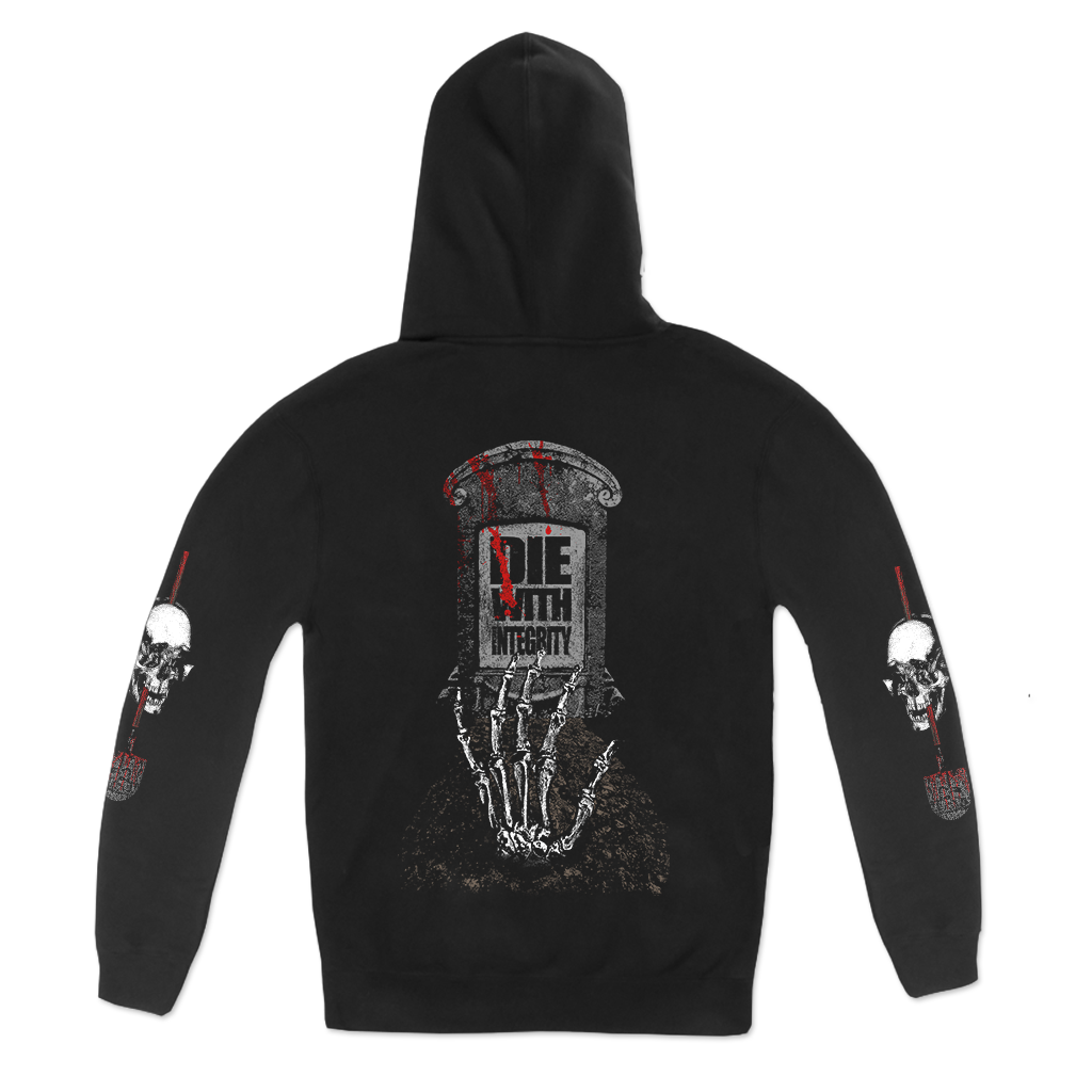 Dying Fetus's "Die With Integrity" design, printed on the front, back, and both sleeves of a black Gildan pullover hooded sweatshirt.  Hoodie features include 8 oz. 50/50 preshrunk cotton/polyester; air jet yarn for a softer feel and reduced pilling; double-lined hood with color-matched drawcord; double needle stitching at shoulder, armhole, neck, waistband and cuffs; pouch pocket; 1 x 1 rib with spandex; quarter-turned to eliminate center crease; and a tearaway label.