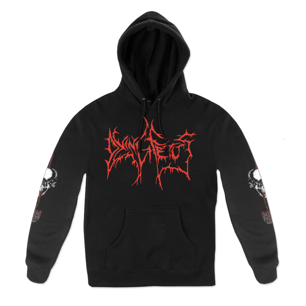 Dying Fetus's "Die With Integrity" design, printed on the front, back, and both sleeves of a black Gildan pullover hooded sweatshirt.  Hoodie features include 8 oz. 50/50 preshrunk cotton/polyester; air jet yarn for a softer feel and reduced pilling; double-lined hood with color-matched drawcord; double needle stitching at shoulder, armhole, neck, waistband and cuffs; pouch pocket; 1 x 1 rib with spandex; quarter-turned to eliminate center crease; and a tearaway label.