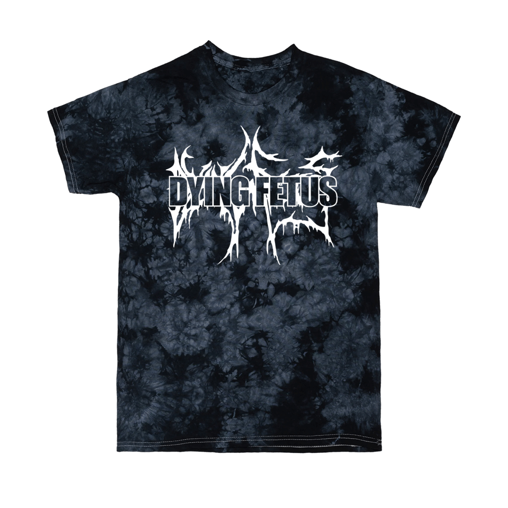 Dying Fetus's "Dual Logo" design, printed on the front of a black crystal tie dye Dyenomite tee.