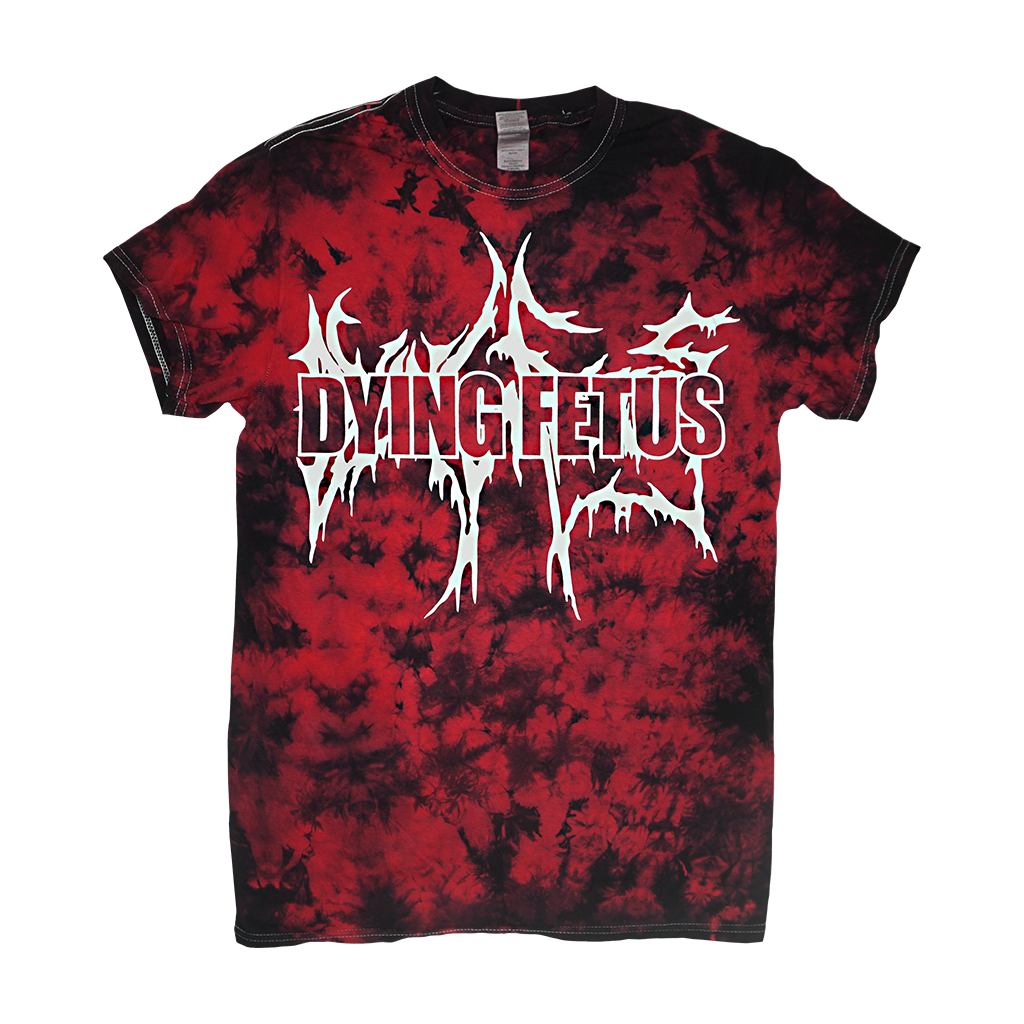 Dying Fetus Dual Logo tie-dye tee printed on Dyenomite Apparel in black and red.  Tee features include: 5.3 oz., 100% pre-shrunk cotton, double-needle stitched neckline and bottom hem, shoulder to shoulder taping, and a tearaway label.