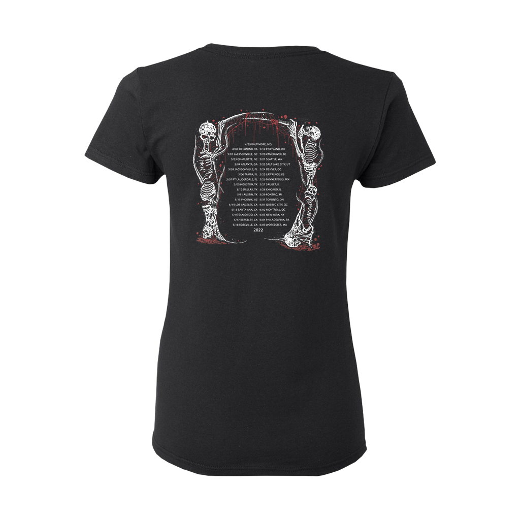 Dying Fetus's "Dual Logo" design is printed on the front of a black slim-fitted/women's Gildan tee. The back of the tee features tour dates from the band's Summer 2022 tour.  Tee features include 5.3 oz., 100% cotton midweight fabric; semi-fitted look; non-topstitched, narrow width, rib collar; taped neck and shoulders; cap sleeves; double-needle sleeve and bottom hems; side seams; and a tearaway label.