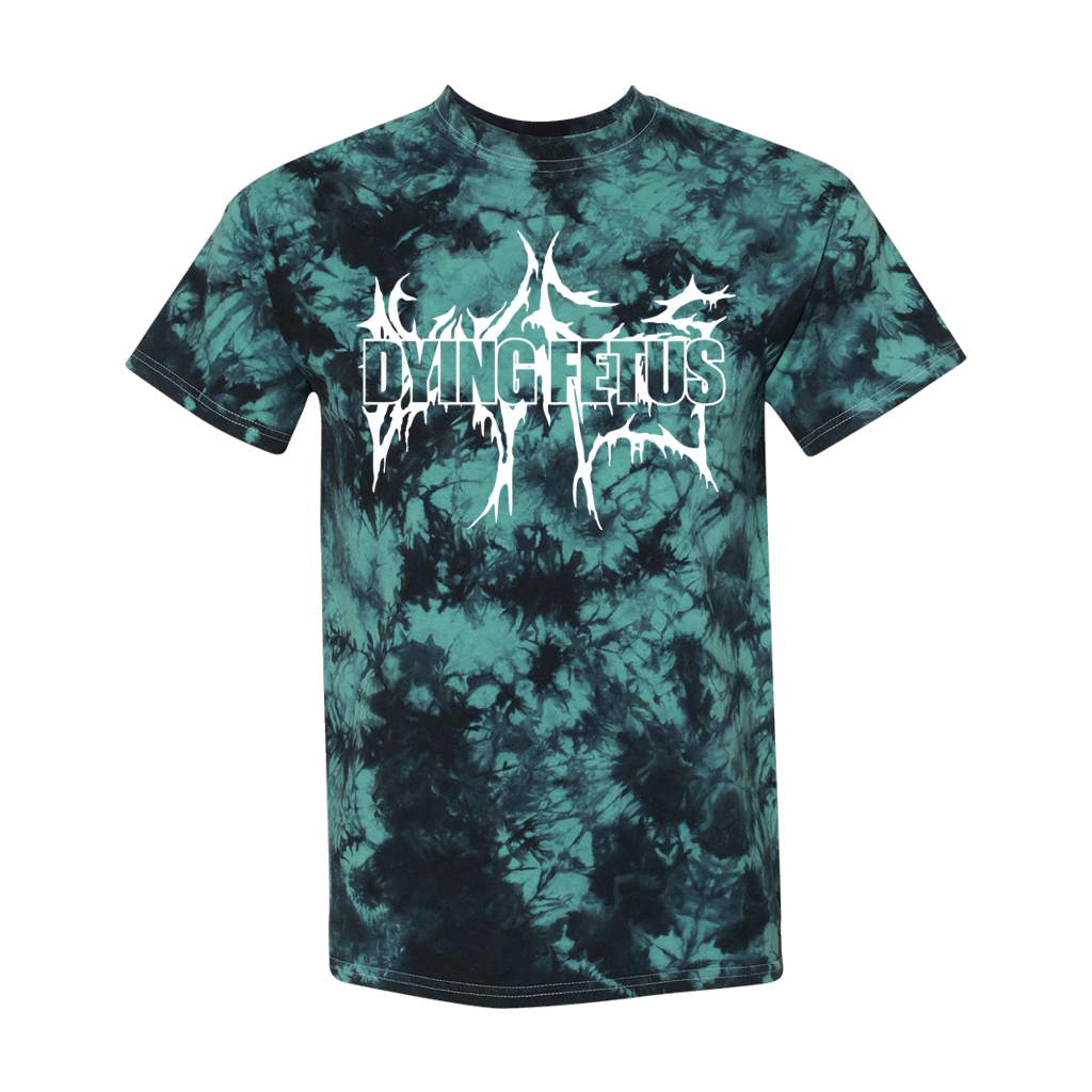 Dying Fetus Dual Logo Tie Dye Tee printed on Dyenomite Apparel in black and teal.