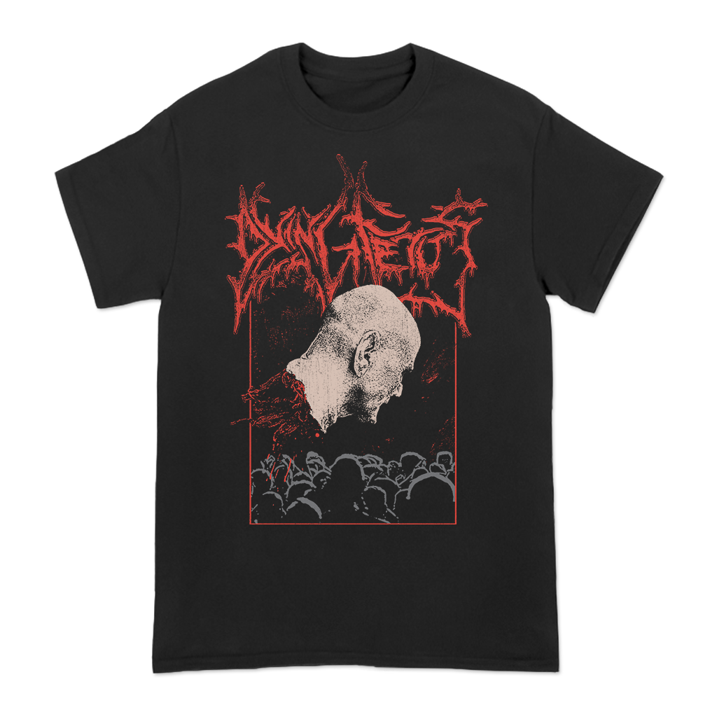 Dying Fetus's "Flying Head" design, printed on the front of a black Gildan Apparel tee.  Tee features include 5.3 oz., 100% preshrunk cotton; classic fit; seamless double needle 7/8” collar; taped neck and shoulders; double needle sleeve and bottom hems; quarter-turned to eliminate center crease; and a tearaway label.