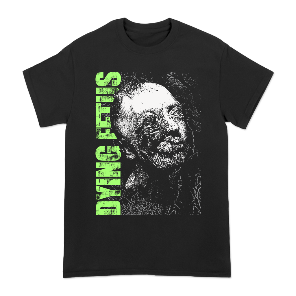 Dying Fetus's "Gore Fury Face" design, printed on the front and back of a black Gildan tee.  Tee features include 5.3 oz., 100% preshrunk cotton; classic fit; seamless double needle 7/8” collar; taped neck and shoulders; double needle sleeve and bottom hems; quarter-turned to eliminate center crease; and a tearaway label.