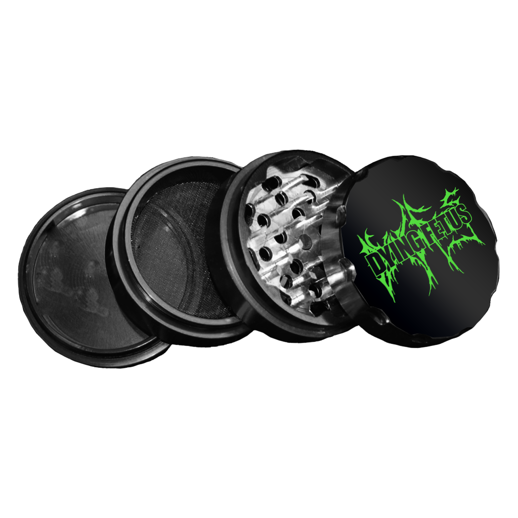 Dying Fetus's logo is etched into the top of a heavy-duty metal grinder, featuring a magnetic lid and screw-on grinding bowl, collection chamber with a fine mesh filter, and catcher with included plastic scoop. Grinder is standard size, made of zinc alloy and features a laser-cut border. 