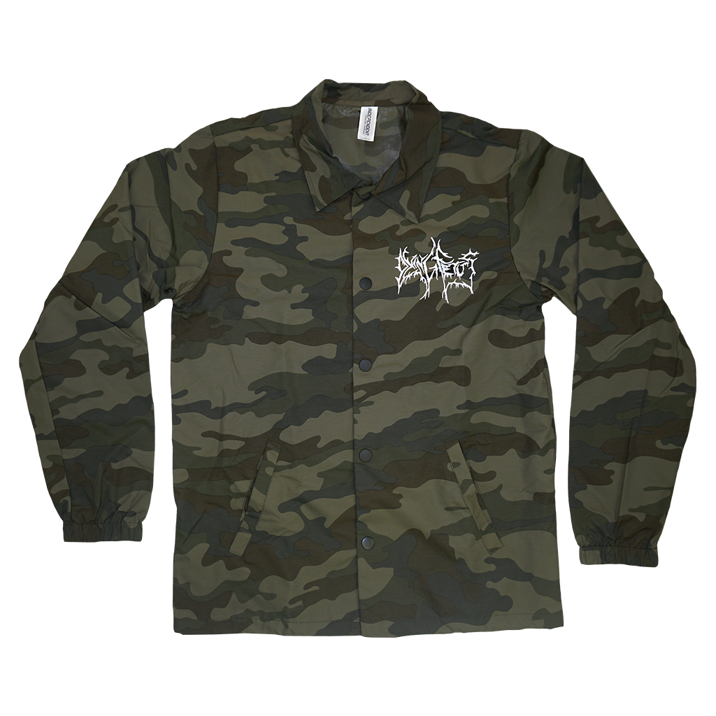Dying Fetus's logo, printed on the front and back of a forest camo patterned button down Independent Apparel jacket.  Jacket features include: 100% nylon 33D with waterproof coating; nylon outer shell: level 3 waterproof coating; inner PU coating: breathability/permeability= 5,000; standard fit; no lining; water pressure resistance = 10,000; self neck tape; black metal eyelets and 6 snap front closure; elastic cuffs; underarm grommets; drawcord closure at bottom opening; tearaway label.