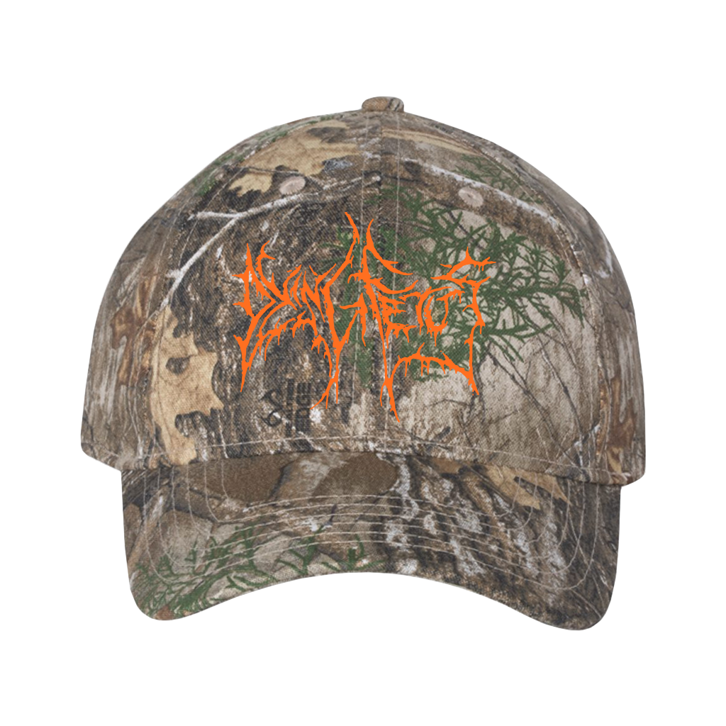 Dying Fetus's logo embroidered in orange on the front of a real tree camo hat.