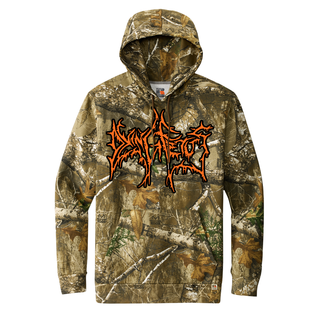 Dying Fetus's logo, printed on the front of a real tree edge camo russell hood.
