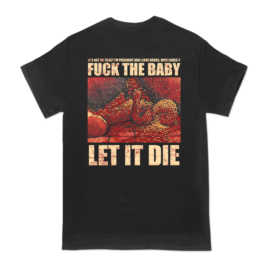 Dying Fetus's "Maggot Baby Death" design, printed in full color on the front and back of a black Gildan tee.  Tee features include 5.3 oz., 100% preshrunk cotton; classic fit; seamless double needle 7/8” collar; taped neck and shoulders; double needle sleeve and bottom hems; quarter-turned to eliminate center crease; and a tearaway label.