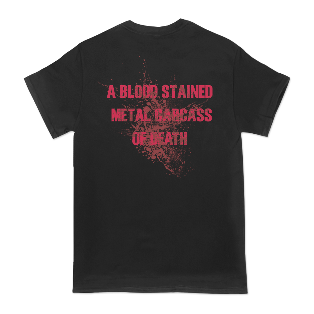 Dying Fetus's "Metal Carcass" design, printed on the front and back of a black Gildan brand tee.