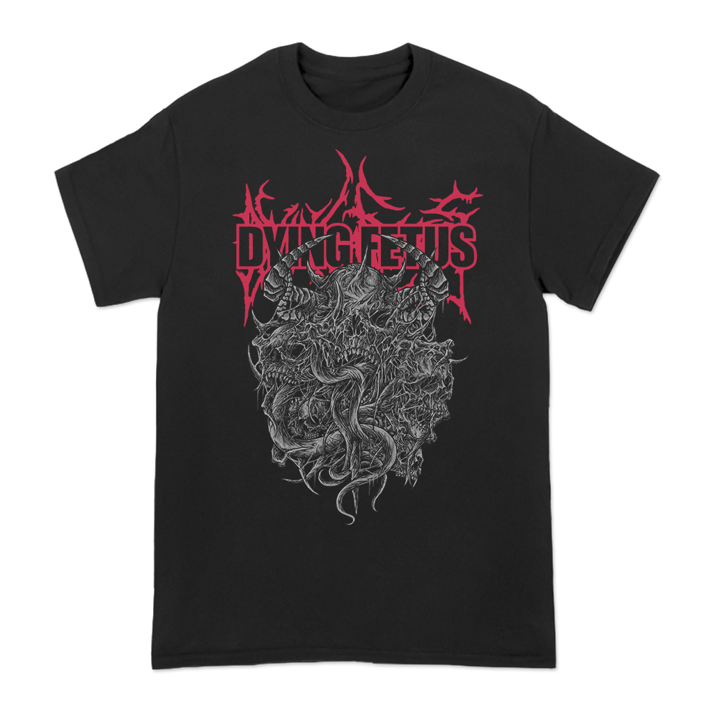 Dying Fetus's "Metal Carcass" design, printed on the front and back of a black Gildan brand tee.