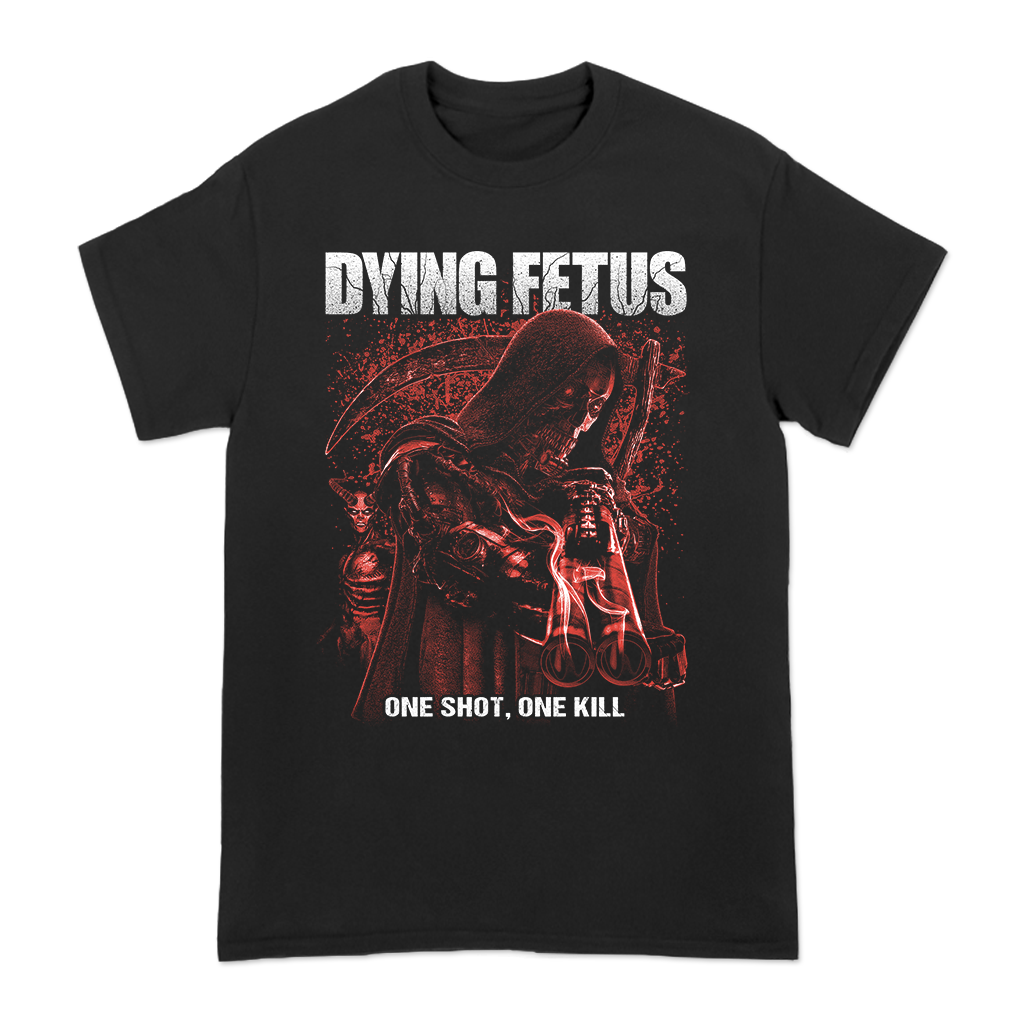 Dying Fetus's "One Shot Kill" design, printed on the front of a black Gildan brand tee.