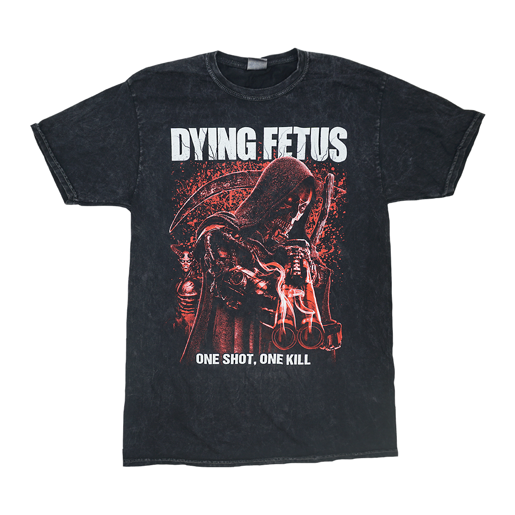 Dying Fetus "One Shot Kill" design, printed on the front of a black crystal tie-dye t-shirt.  Tee features include 5.3oz pre-shrunk 100% heavyweight cotton fabric, double needle stitched neckline and sleeves, and shoulder-to-shoulder taping.
