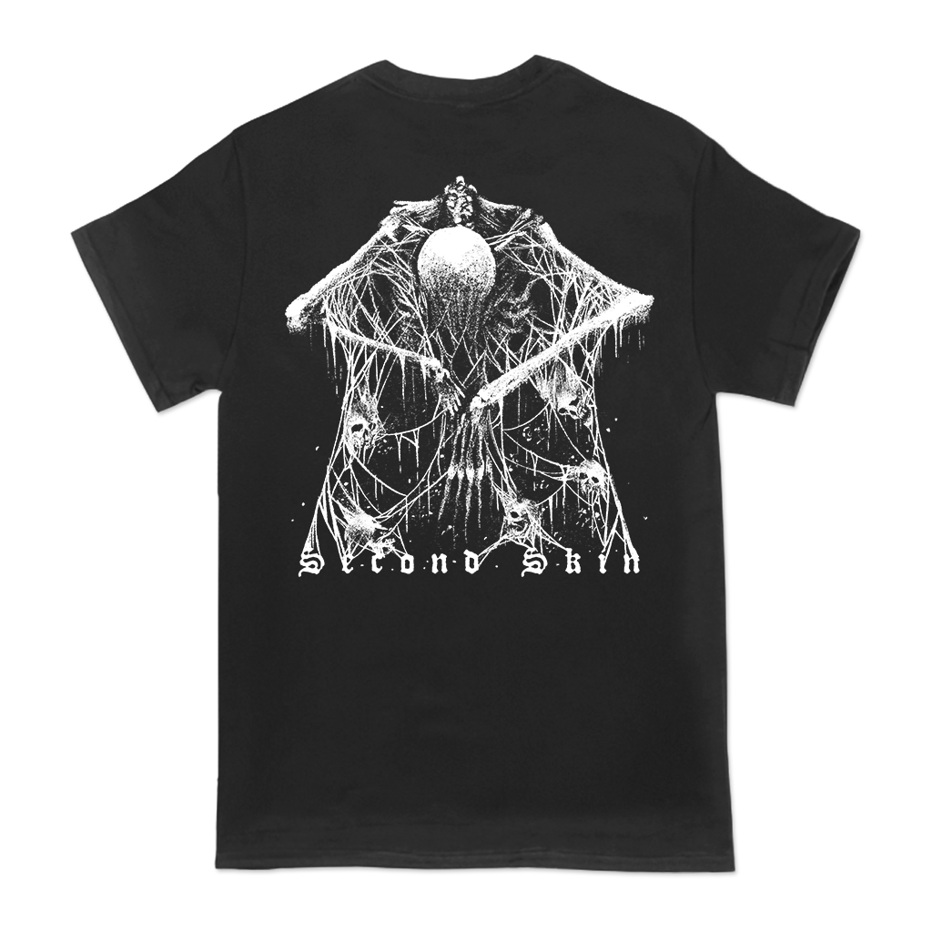 Dying Fetus's "Second Skin" design, printed on the front and back of a black Gildan brand tee.