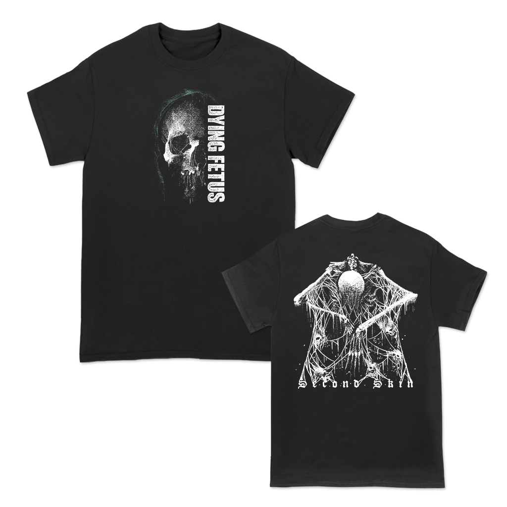 Dying Fetus's "Second Skin" design, printed on the front and back of a black Gildan brand tee.