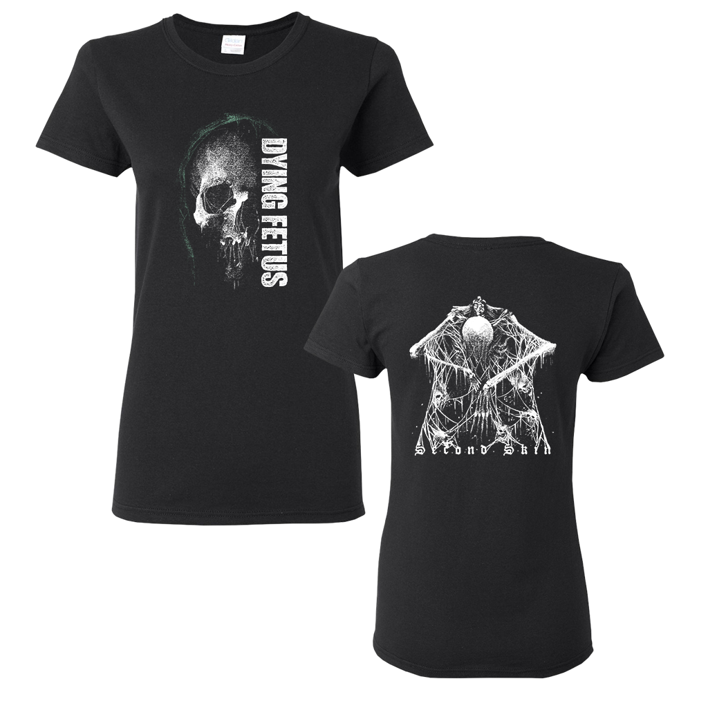 Dying Fetus's "Second Skin" design, printed on the front and back of a fitted tee.  Please note that this tee is fitted and therefore runs slightly smaller than standard unisex garments.