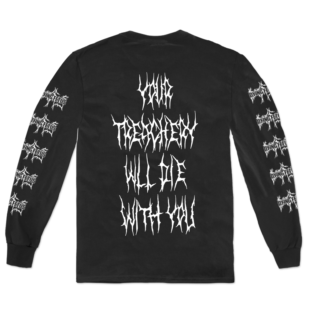 Dying Fetus's "Skeleton Funeral" design, printed on the front, back and both sleeves of a black Gildan Longsleeve.