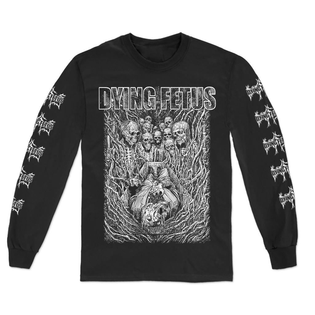 Dying Fetus's "Skeleton Funeral" design, printed on the front, back and both sleeves of a black Gildan Longsleeve.