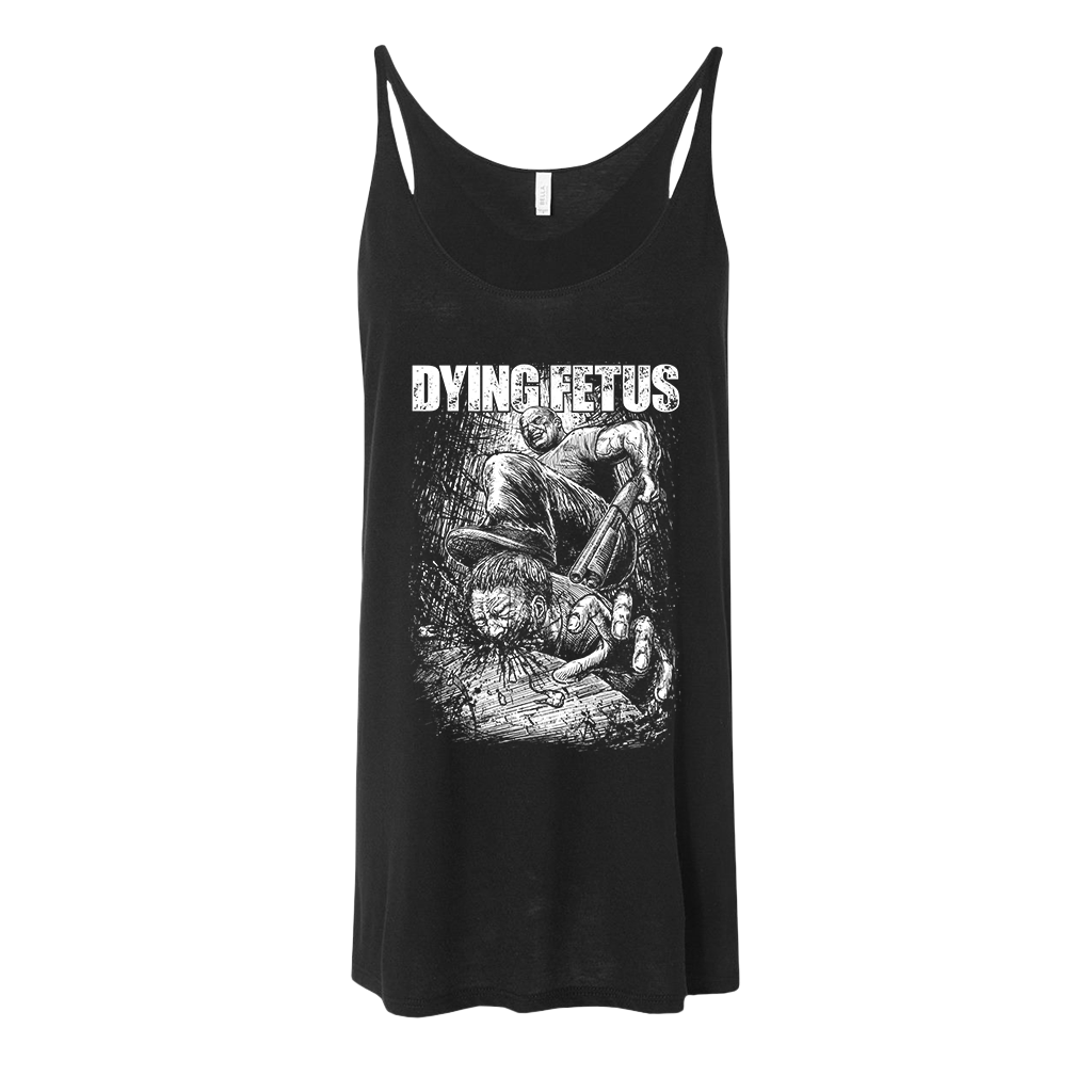 Dying Fetus's "Subjected To A Beating" design, printed on the front of a black Bella + Canvas womens' tank.  Tank features include: 3.7oz, 65/35 polyester/viscose, 32 singles fabric; relaxed, drapey fit; side seams; and a tearaway label.