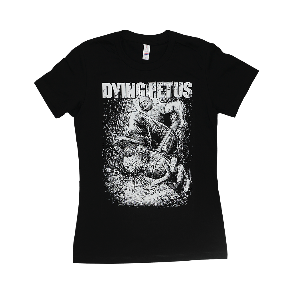Dying Fetus's "Subjected To A Beating" design, now on a slimmer-fit tee. Printed in white ink on the front of a black Next Level tee.  Tee features include: 4.3oz., 100% combed ringspun cotton, 32 singles; fabric laundered; set-in 1x1 baby rib collar; longer body length; side seams; and a tearaway label.