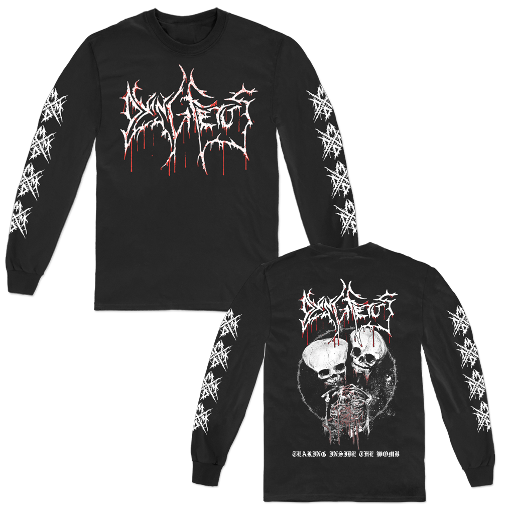 Dying Fetus "Tearing Inside The Womb" design, printed on front, back, and both sleeves of a black Gildan Apparel longsleeve.