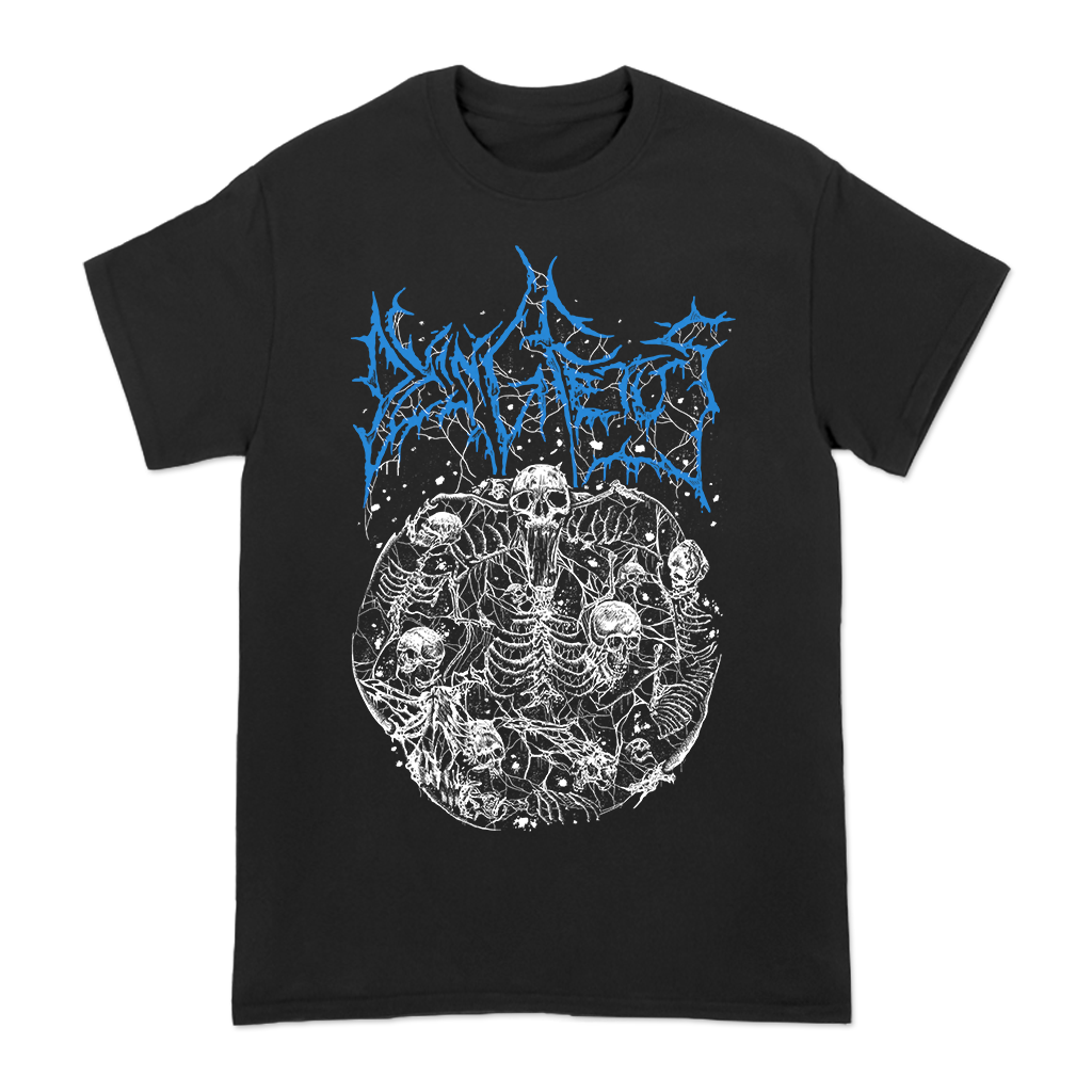 Dying Fetus's "Twisted Skeleton Circle" design, printed in white and blue ink on a black Gildan brand tee.