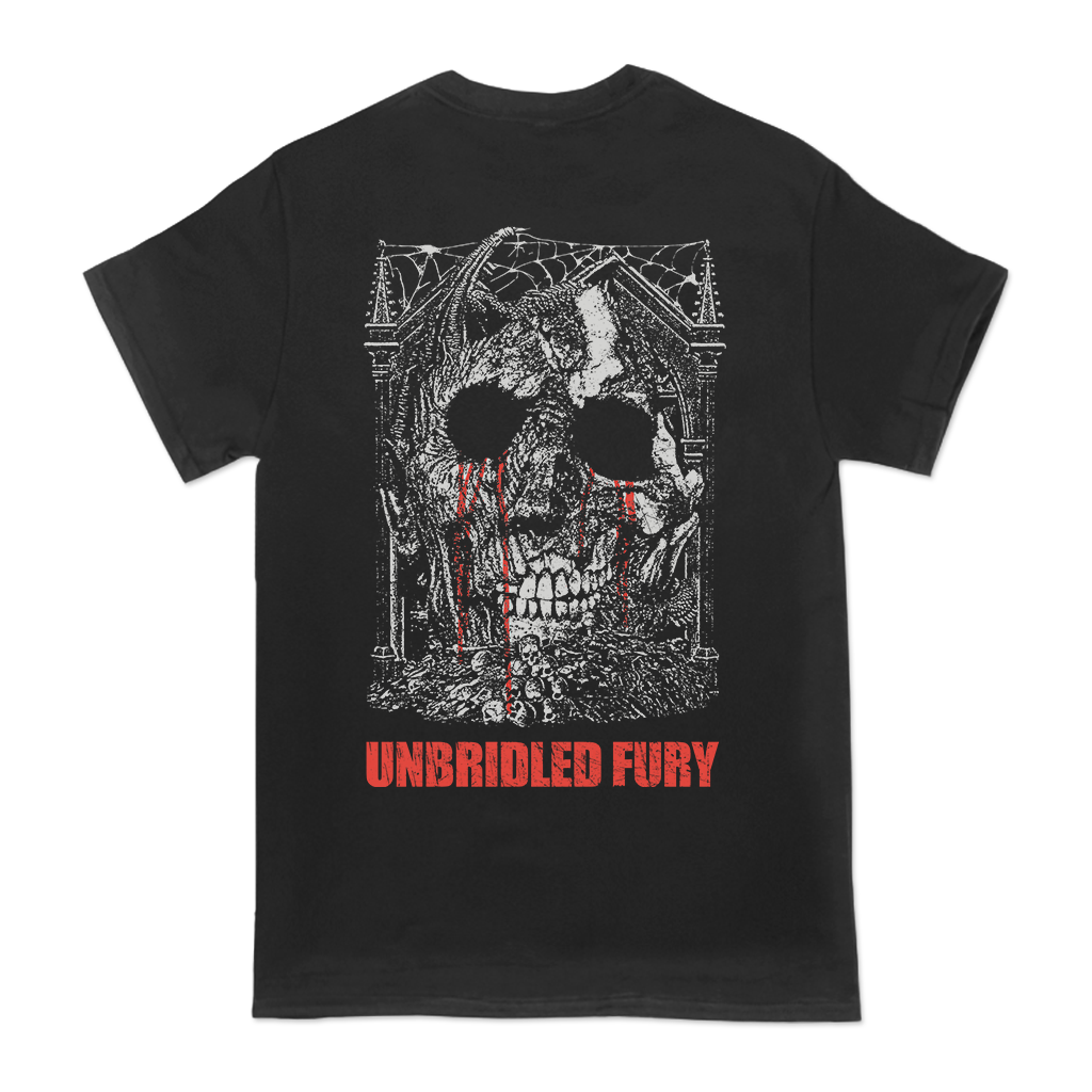 Dying Fetus's "Unbridled Fury" design, printed on the front and back of a black Gildan tee.  Tee features include 5.3 oz., 100% preshrunk cotton; classic fit; seamless double needle 7/8” collar; taped neck and shoulders; double needle sleeve and bottom hems; quarter-turned to eliminate center crease; and a tearaway label.