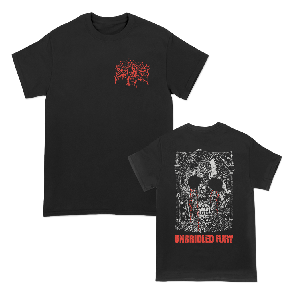 Dying Fetus's "Unbridled Fury" design, printed on the front and back of a black Gildan tee.  Tee features include 5.3 oz., 100% preshrunk cotton; classic fit; seamless double needle 7/8” collar; taped neck and shoulders; double needle sleeve and bottom hems; quarter-turned to eliminate center crease; and a tearaway label.