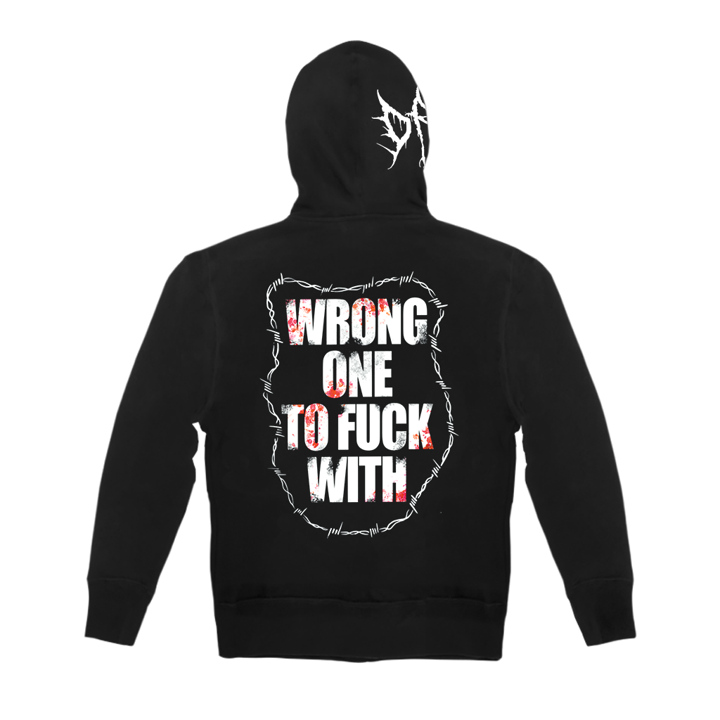 Dying Fetus's "Wrong One" design, printed on the front and back of a black Gildan zip-up hooded sweatshirt.