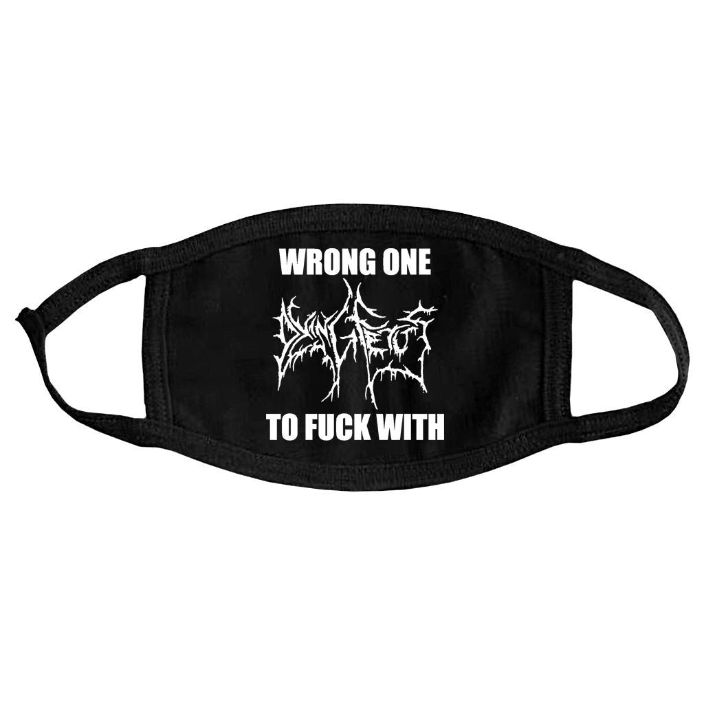 Dying Fetus Wrong One design printed in white on a black face mask. This is a non-medical mask constructed out of layered 95% cotton and 5% poly jersey and is comfortable on the face and around the ears.