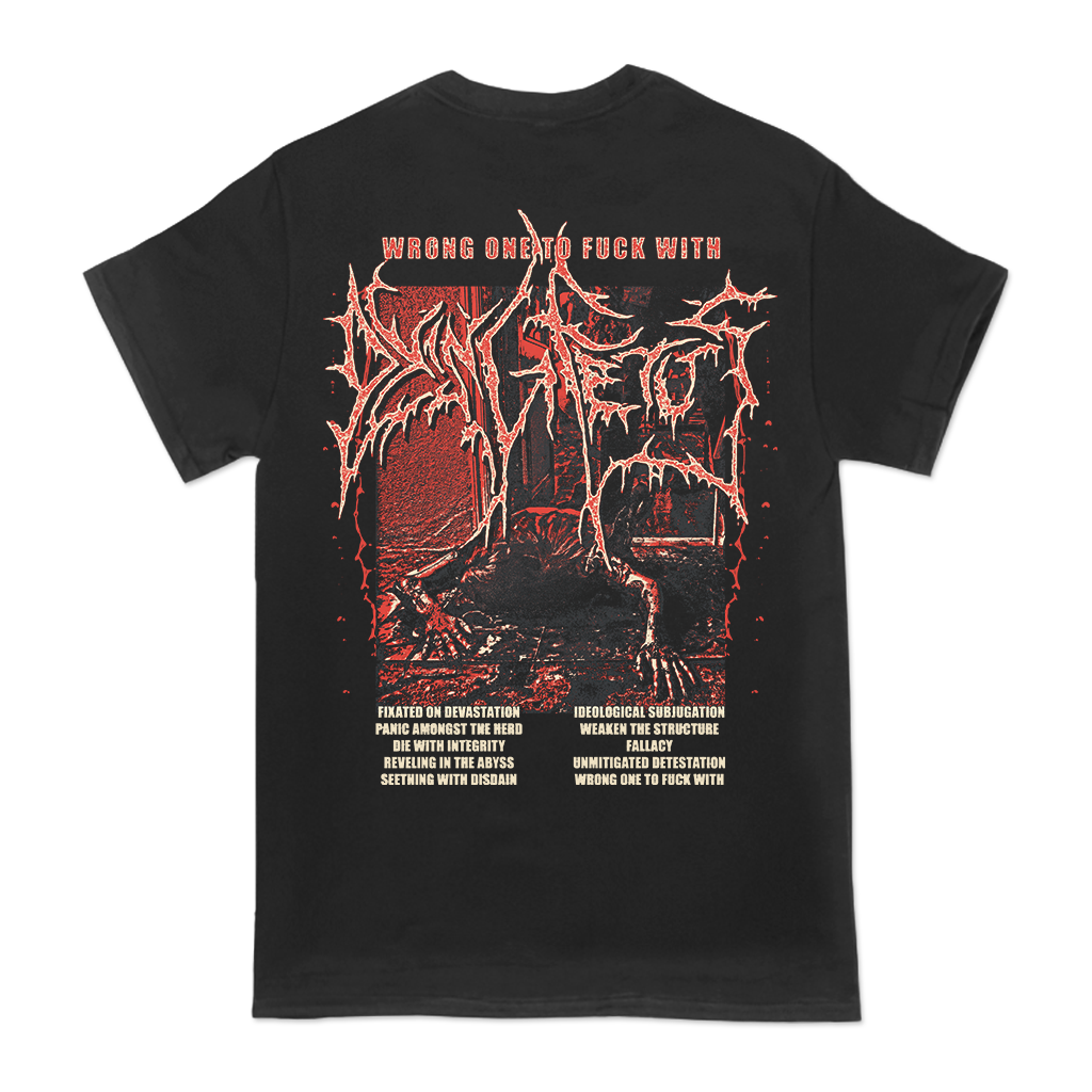 Dying Fetus's "Wrong One Red Version" design, printed on the front and back of a black Gildan brand tee.