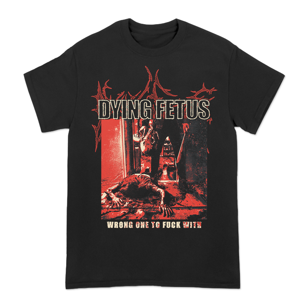 Dying Fetus's "Wrong One Red Version" design, printed on the front and back of a black Gildan brand tee.