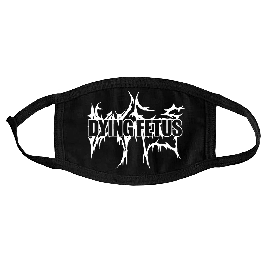 Dying Fetus dual logo design printed in white on a black face mask. This is a non-medical mask constructed out of layered 95% cotton and 5% poly jersey and is comfortable on the face and around the ears.